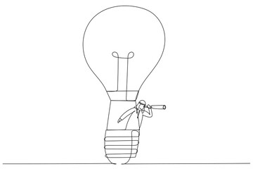 Wall Mural - Drawing of arab businessman riding light bulb balloon using spyglass or telescope searching for vision. Search for new business opportunity. Single continuous line art