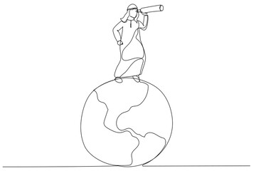 Illustration of arab businessman standing on planet earth globe using telescope search new opportunity. Globalization, global business vision. One line art style