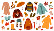 Autumn clothing. Casual wears, outdoor outfits, rainy season accessories, shoes, raincoats and gloves, warm sweaters and hats, umbrella and orange leaves, tidy vector cartoon flat set