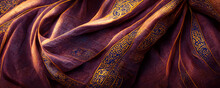 Silk Clothing Sari Like Clothing. Maroon Textile Texture With Gold Pattern. Closeup Fabric Background.
