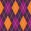 Halloween Argyle Plaid seamless pattern in orange and violet rhombuses. Traditional Scottish background of diamonds. Vector illustration