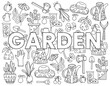 © Christina - Hand drawn coloring page for kids and adults. Beautiful drawing with patterns and small details. Coloring book pictures with watering can, rubber boots, seeding, gardening tools, potted plants, fruits