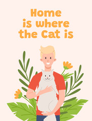 Wall Mural - Cute poster with young blonde man hugging fluffy cat flat style