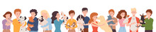 Pet Owners Hugging Their Dogs And Cats, Flat Vector Illustration On White Background.