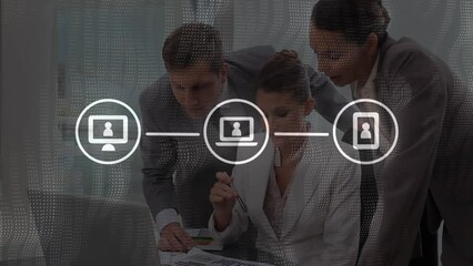 Poster - Animation of wireless icons in flow chart over caucasian coworkers discussing over laptop in office