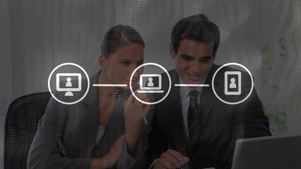 Poster - Animation of technology icons and abstract pattern over caucasian coworkers discussing over laptop