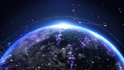 Aufkleber - Globe digitalization data connection technology. Futuristic world slow motion orbiting in cyber space background. 4K footage of realistic 3D sphere horizontal screen.