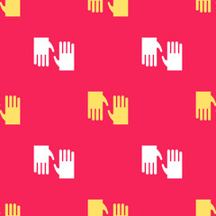 Poster - Yellow Rubber gloves icon isolated seamless pattern on red background. Latex hand protection sign. Housework cleaning equipment symbol. Vector