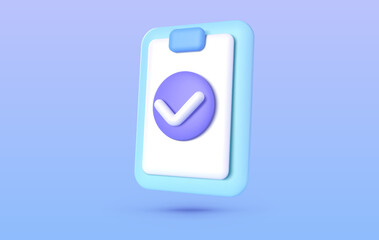 Poster - Document 3d. Exam checklist icon. Business vector icon. 3d check list icon vector render illustration. Vector render illustration