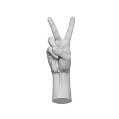 Wall Mural - Female hand showing a peace gesture isolated on a white background. 3d trendy collage in magazine style. Contemporary art. Modern design. Victory hand sign