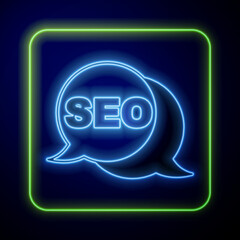 Poster - Glowing neon SEO optimization icon isolated on blue background. Vector