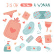 Menstrual period Set of cute lovely images: menstrual cups, bleeding, tampon, pads, panties, flowers with blood made of hearts. Female hygiene product. Isolated item stickers. Flat vector illustration