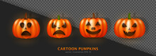 Set Of Three Realistic 3D Orange Pumpkins With Tricky Face. Cartoon Creepy Halloween Squash. Shinny Autumn Decoration Of Carved Turnip, Three Dimensional Gourd With Green Stem. Spooky Jack-o-lanterns