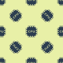 Sticker - blue computer processor with microcircuits cpu icon isolated seamless pattern on yellow background. 