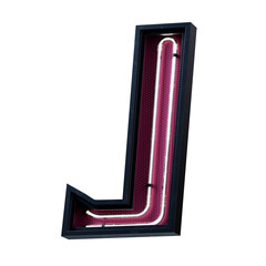 3D illustration of White Neon light alphabet character Capital letter J. Neon tube Capital letter White glow effect in Black metal box with pink bottom plate.Supports PNG files with transparent backgr