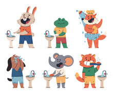 Animal Kids Hygiene, Washing Hand Vector Cartoon Characters Set Isolated On A White Background.