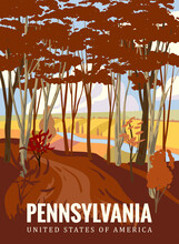 Pennsylvania Autumn Park Valley, Forest Trail, Walkway, Trees Yellow Foliage. Poster Fall Seasone