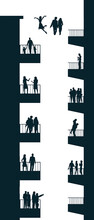 Here Is A Graphic Resource Of Apartment Buildings And People On Their Balconies. This Is A On A Transparent Background.
