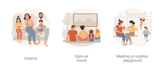 Poster - Going out with friends isolated cartoon vector illustration set. Watch movie together, eat popcorn, going to the open air cinema, meeting on outdoor playground, children play vector cartoon.