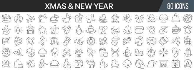 Wall Mural - Xmas and New Year line icons collection. Big UI icon set in a flat design. Thin outline icons pack. Vector illustration EPS10