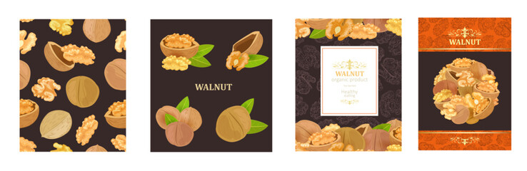 Wall Mural - collection of card with walnuts on brown background. banner with