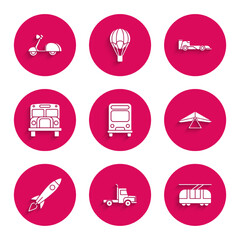 Sticker - Set Bus, Delivery cargo truck vehicle, Tram and railway, Hang glider, Rocket ship with fire, School, Formula race and Scooter icon. Vector