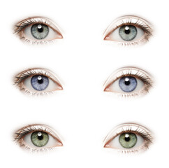 beautiful human eyes isolated on white, closeup. collage