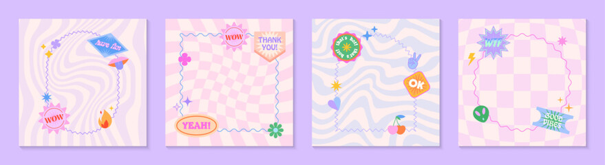 Wall Mural - Vector set of cute fun templates with frames,patches,stickers in 90s style.Modern symbols in y2k aesthetic with text.Trendy groovy designs for banners,social media marketing,branding,packaging,covers