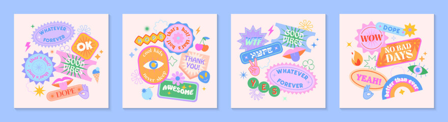Wall Mural - Vector set of cute fun templates with patches and stickers in 90s style.Modern symbols in y2k aesthetic with text.Trendy kidcore designs for banners,social media marketing,branding,packaging,covers