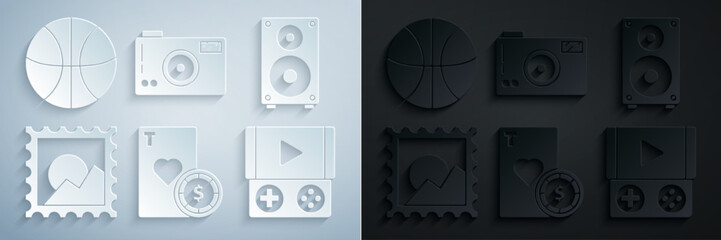 Wall Mural - Set Casino chip and playing cards, Stereo speaker, Picture landscape, Portable video game console, Photo camera and Basketball ball icon. Vector