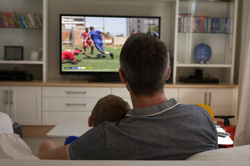 Poster - Caucasian father and son sitting on the couch and watching football match on laptop