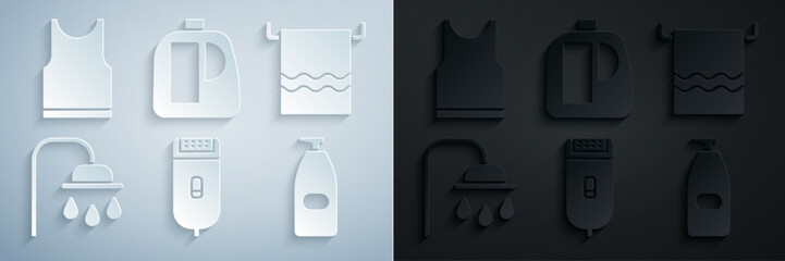 Poster - Set Electrical hair clipper or shaver, Towel on hanger, Shower head, Bottle of liquid antibacterial soap, Bottles for cleaning agent and Sleeveless T-shirt icon. Vector