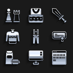 Sticker - Set Pants with suspenders, Computer monitor screen, Binary code, Certificate template, Burger, Sweater, Sword for game and Chess icon. Vector