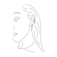 Poster - Woman line portrait with jewelry elements. Linear girl face with earrings. Minimal hand drawn art. Vector illustration isolated on white.