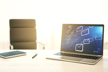 Poster - Creative abstract postal envelopes sketch on modern laptop monitor, e-mail and marketing concept. 3D Rendering