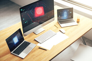 Poster - Computer monitor with abstract fingerprint scan interface, digital access concept. 3D Rendering