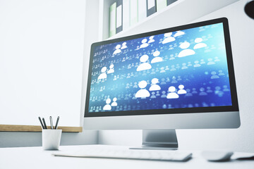 Poster - Modern computer display with social network icons concept. Networking concept. 3D Rendering
