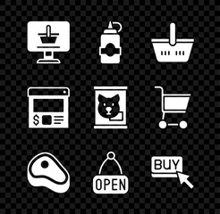 Poster - Set Shopping cart on computer, Sauce bottle, basket, Steak meat, Hanging sign with Open, Buy button, Online ordering and delivery and Canned food icon. Vector