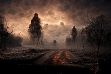 Frozen Trees In The Fog. Horror Halloween Background.Digital Art