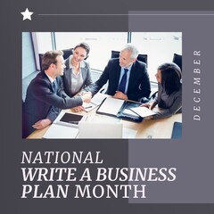 Poster - Composition of national write a business plan month text over diverse business people in office