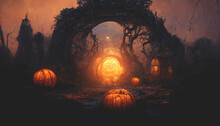 Gloomy Background For Halloween. Landscape With Pumpkins And Neon, Dramatic, Dry Branches, Tree Silhouettes, Scary Night. 3D Illustration