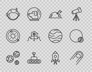 Wall Mural - Set line Planet, Satellite, with flag, Mars rover, Astronaut helmet, Rocket ship fire and icon. Vector