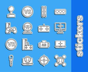 Sticker - Set line Share, Laptop, Computer monitor, Stereo speaker, Racing simulator cockpit, Game console with joystick, Joystick for arcade machine and Gamepad icon. Vector