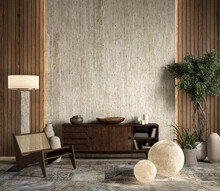 Interior With Dresser, Lounge Chair, Stone Wall Panel, Lamps, Backlight, Plants And Decor. 3d Render Illustration Mockup.