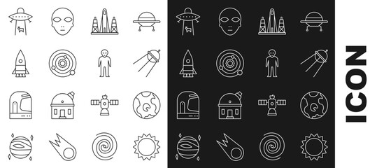 Wall Mural - Set line Sun, Earth globe, Satellite, Rocket launch from the spaceport, Solar system, ship, Planet and Alien icon. Vector