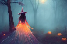 Magical Witch Silhouette Wearing Hat And Dress Standing In Halloween Forest.