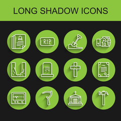 Sticker - Set line Beat dead in monitor, Scythe, Death certificate, Old crypt, Hammer, Grave with tombstone, and Christian cross icon. Vector