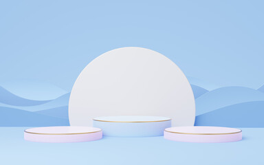 Wall Mural - 3 Violet cylinder pedestal with gold border and circle on blue wave background. 3d empty podium mockup space for display product. Mockup space for display of product design. Paper cut style. 3d render
