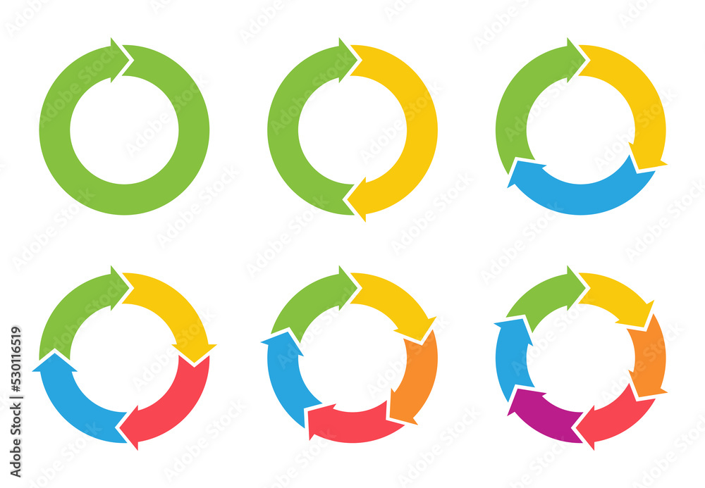 Pie chart set. Colorful diagram collection with 1,2,3,4,5,6 sections or ...