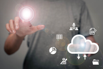 Poster - Cloud Computing Concept - Connecting to the Cloud Businessman or Information Technologist Click on the cloud computing icon.
